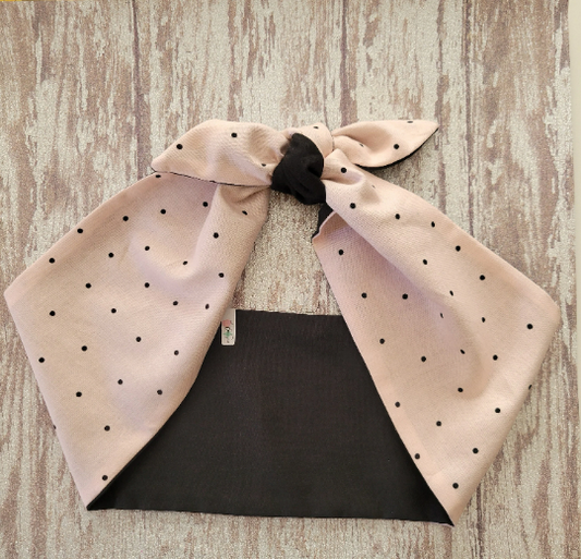 Hair Wrap-Baby Pink/Black Small Polka DotPrint